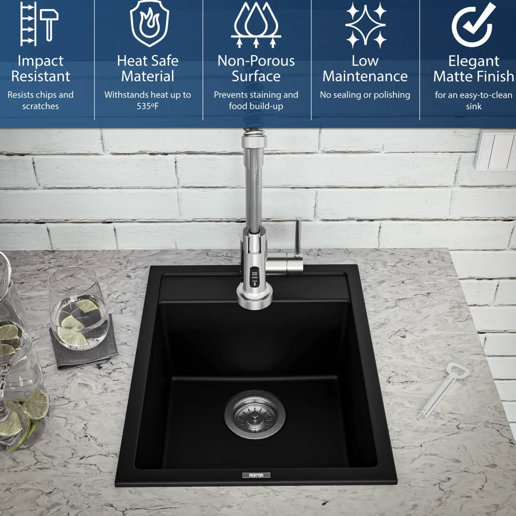 Karran 16" Drop In/Topmount Quartz Composite Kitchen Sink, Black, QT-825-BL