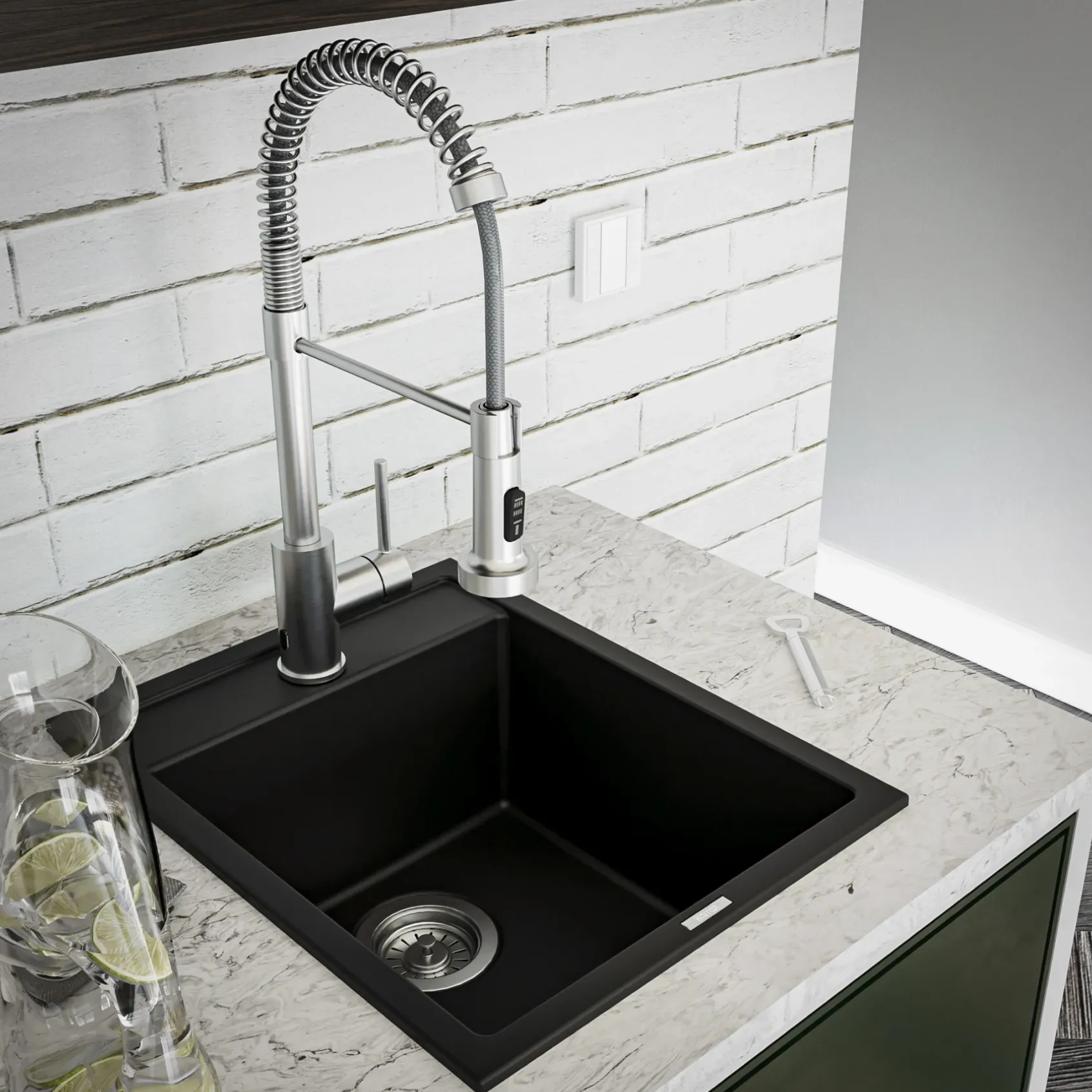 Karran 16" Drop In/Topmount Quartz Composite Kitchen Sink, Black, QT-825-BL