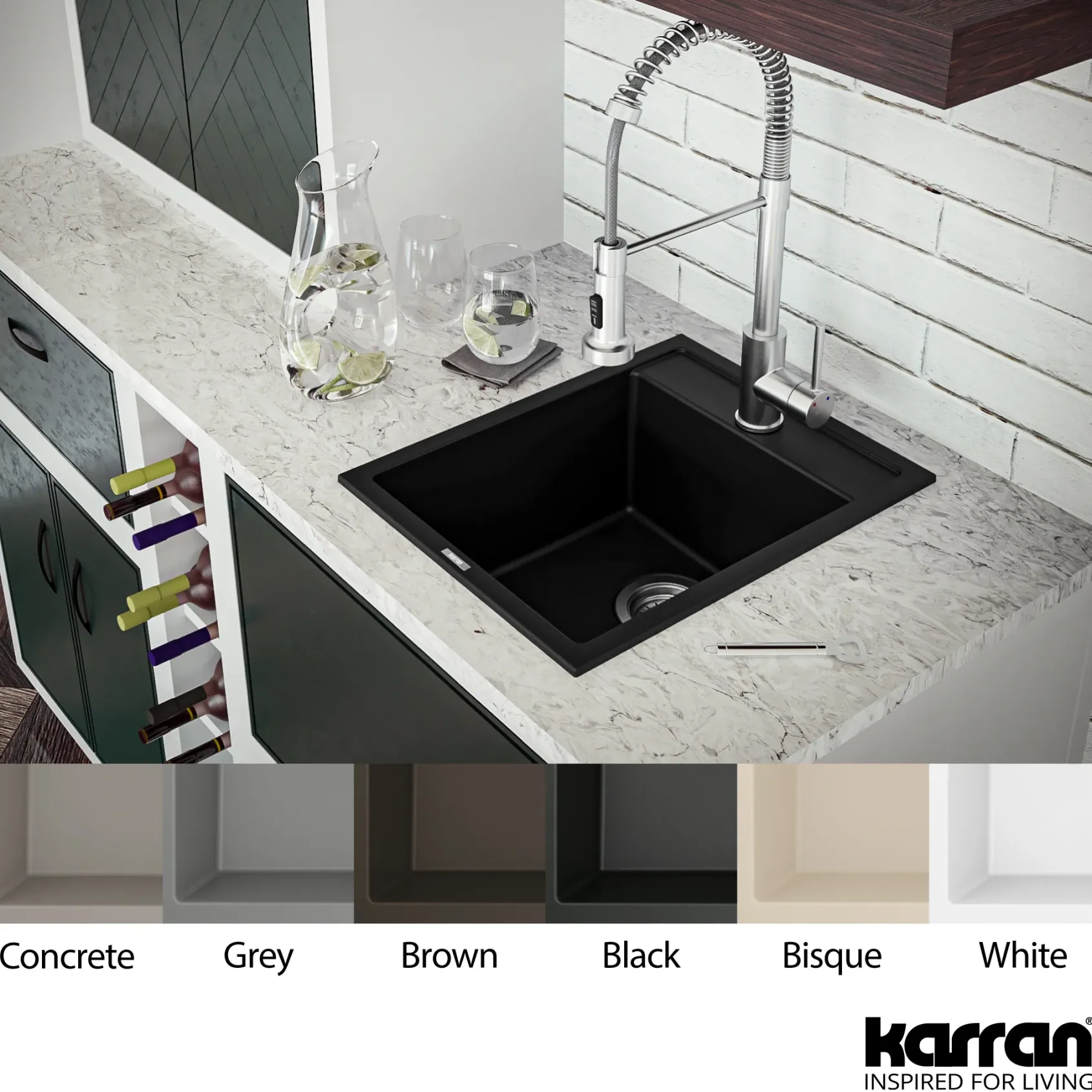 Karran 16" Drop In/Topmount Quartz Composite Kitchen Sink, Black, QT-825-BL