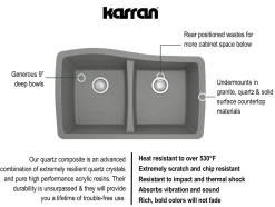Karran 34" Undermount Quartz Composite Kitchen Sink, 50/50 Double Bowl, Grey, QU-720-GR