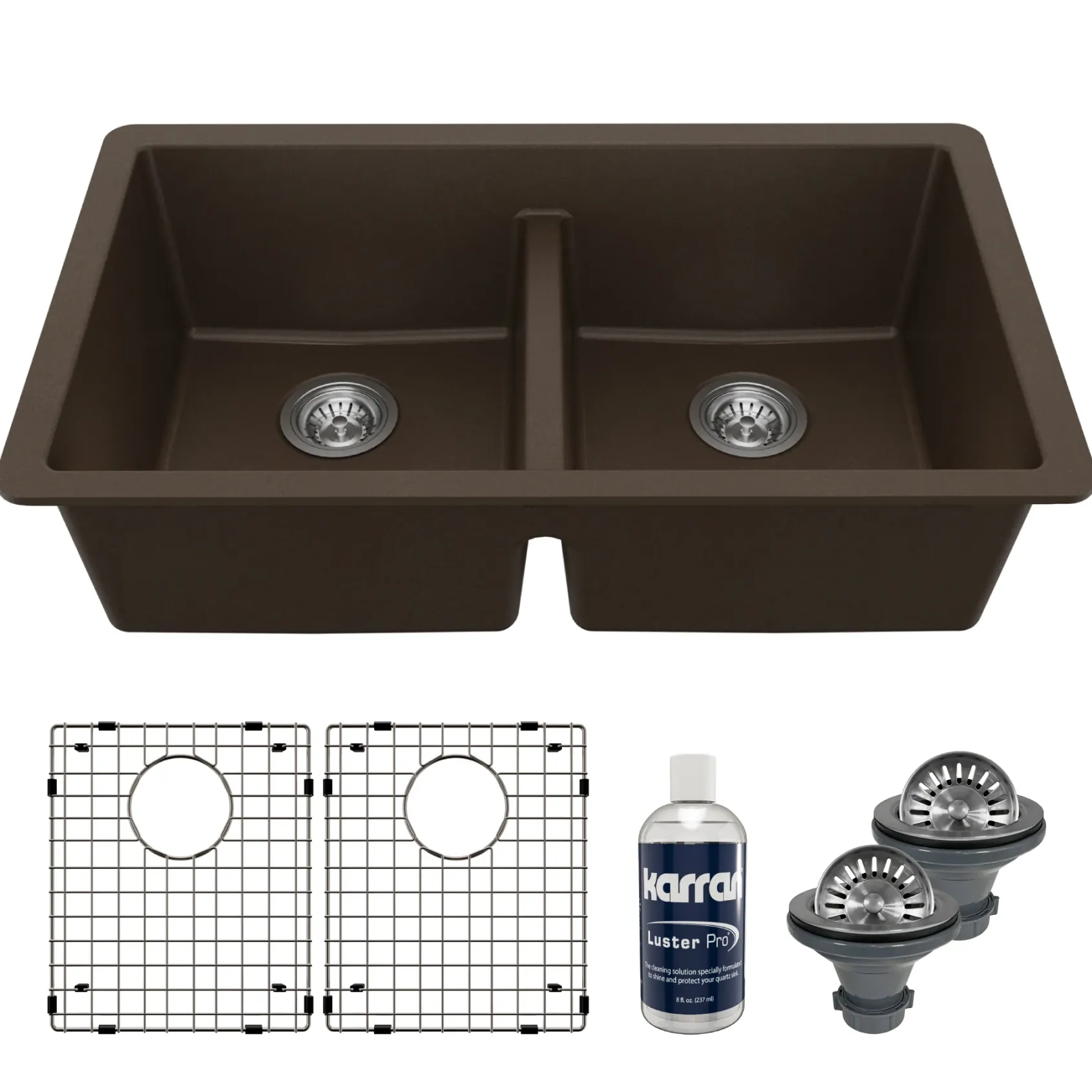 Karran 32" Undermount Quartz Composite Kitchen Sink with Accessories, 50/50 Double Bowl, Brown, QU-810-BR-PK1