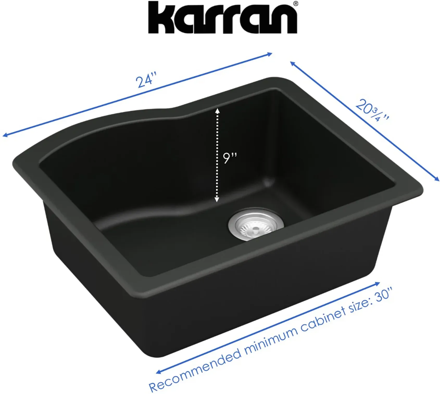Karran 24" Undermount Quartz Composite Kitchen Sink, Black, QU-671-BL