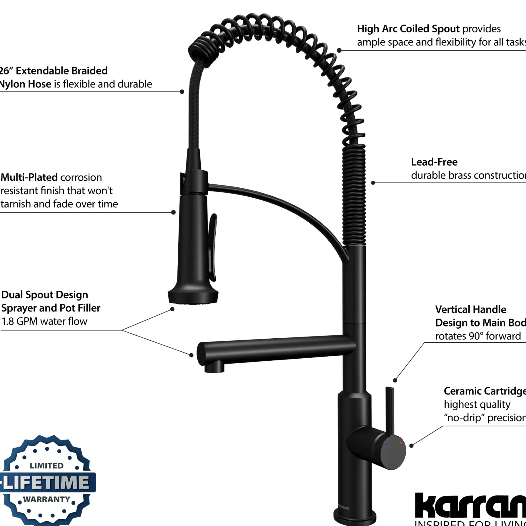 Karran Adlington 1.8 GPM Single Lever Handle Lead-free Brass ADA Kitchen Faucet, Pull-Down, Matte Black, KKF360MB