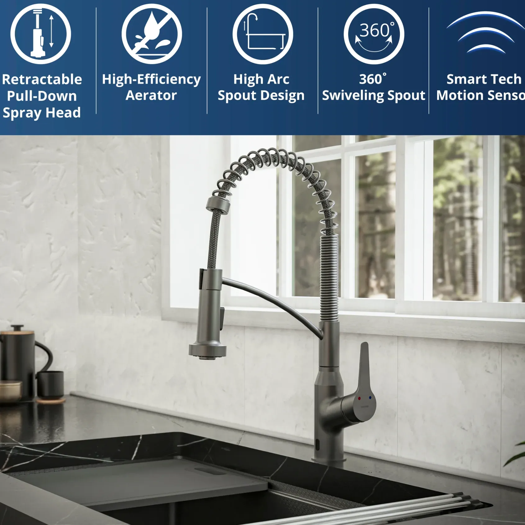 Karran Alston 1.8 GPM Single Lever Handle Lead-free Brass ADA Touchless Kitchen Faucet, Pull-Down, Gunmetal Grey, KKF215GG