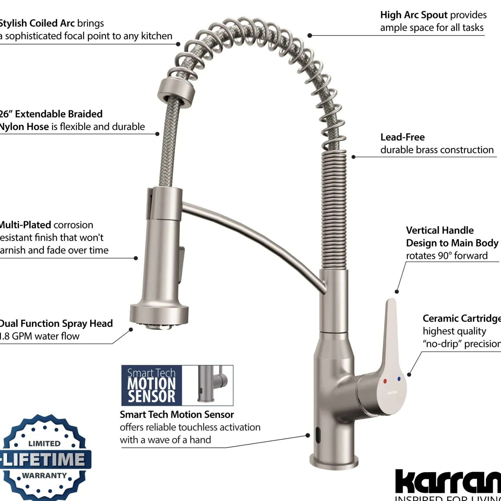 Karran Alston 1.8 GPM Single Lever Handle Lead-free Brass ADA Touchless Kitchen Faucet, Pull-Down, Oil Rubbed Bronze, KKF215SS