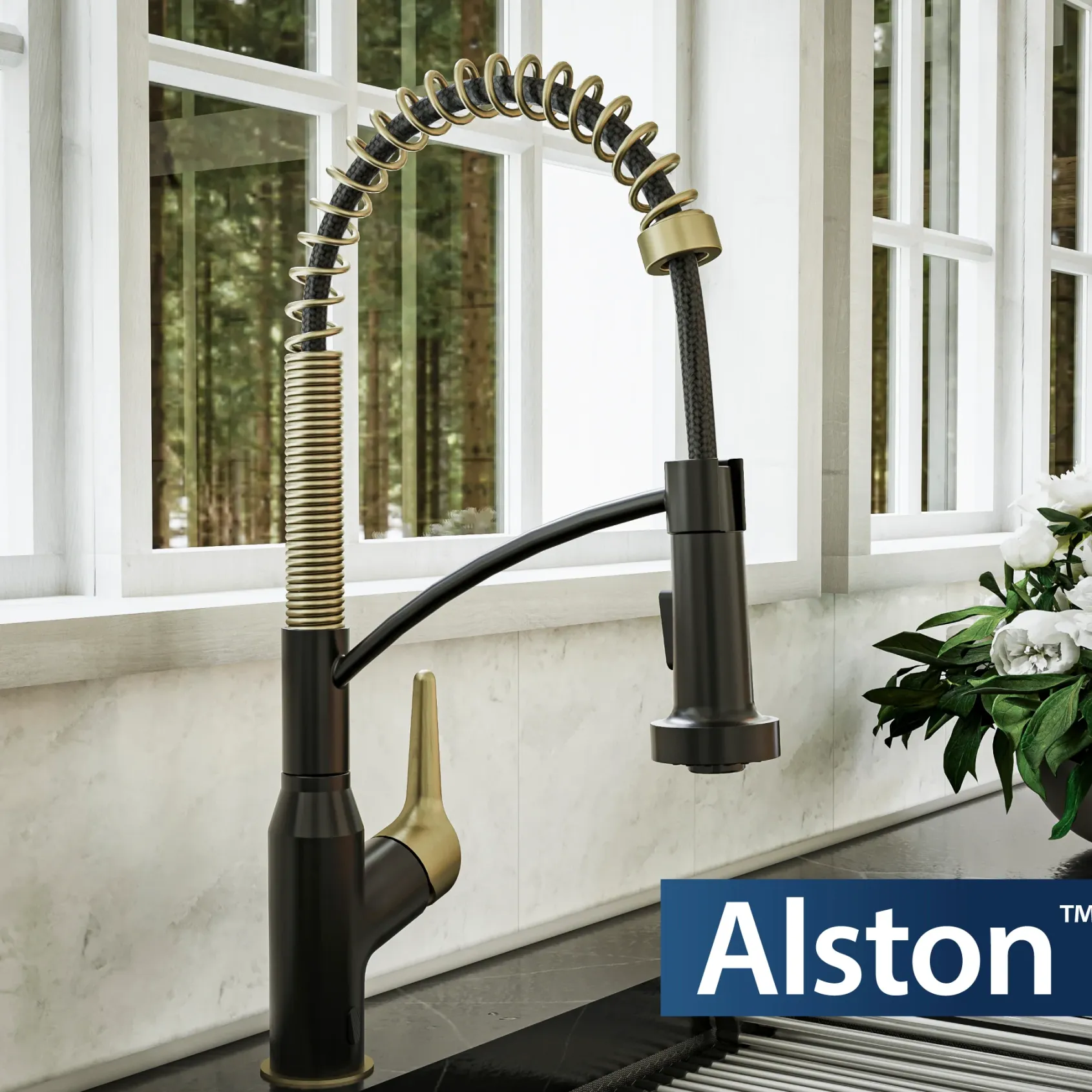 Karran Alston 1.8 GPM Single Lever Handle Lead-free Brass ADA Touchless Kitchen Faucet, Pull-Down, Matte Black & Brushed Gold, KKF215MBBG