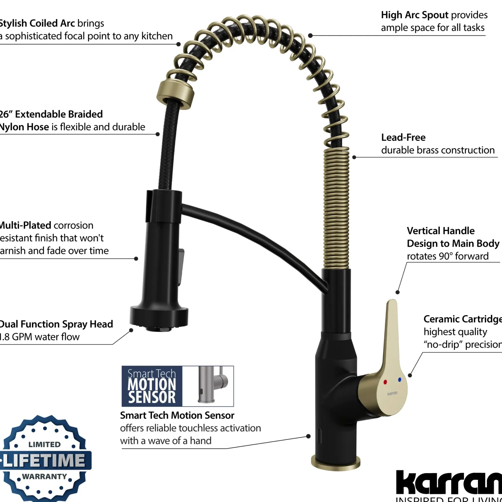 Karran Alston 1.8 GPM Single Lever Handle Lead-free Brass ADA Touchless Kitchen Faucet, Pull-Down, Matte Black & Brushed Gold, KKF215MBBG
