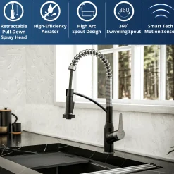 Karran Alston 1.8 GPM Single Lever Handle Lead-free Brass ADA Touchless Kitchen Faucet, Pull-Down, Matte Black & Stainless Steel, KKF215MBSS