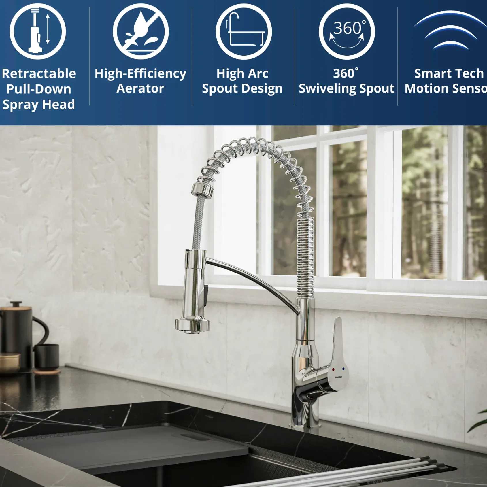 Karran Alston 1.8 GPM Single Lever Handle Lead-free Brass ADA Touchless Kitchen Faucet, Pull-Down, Chrome, KKF215C