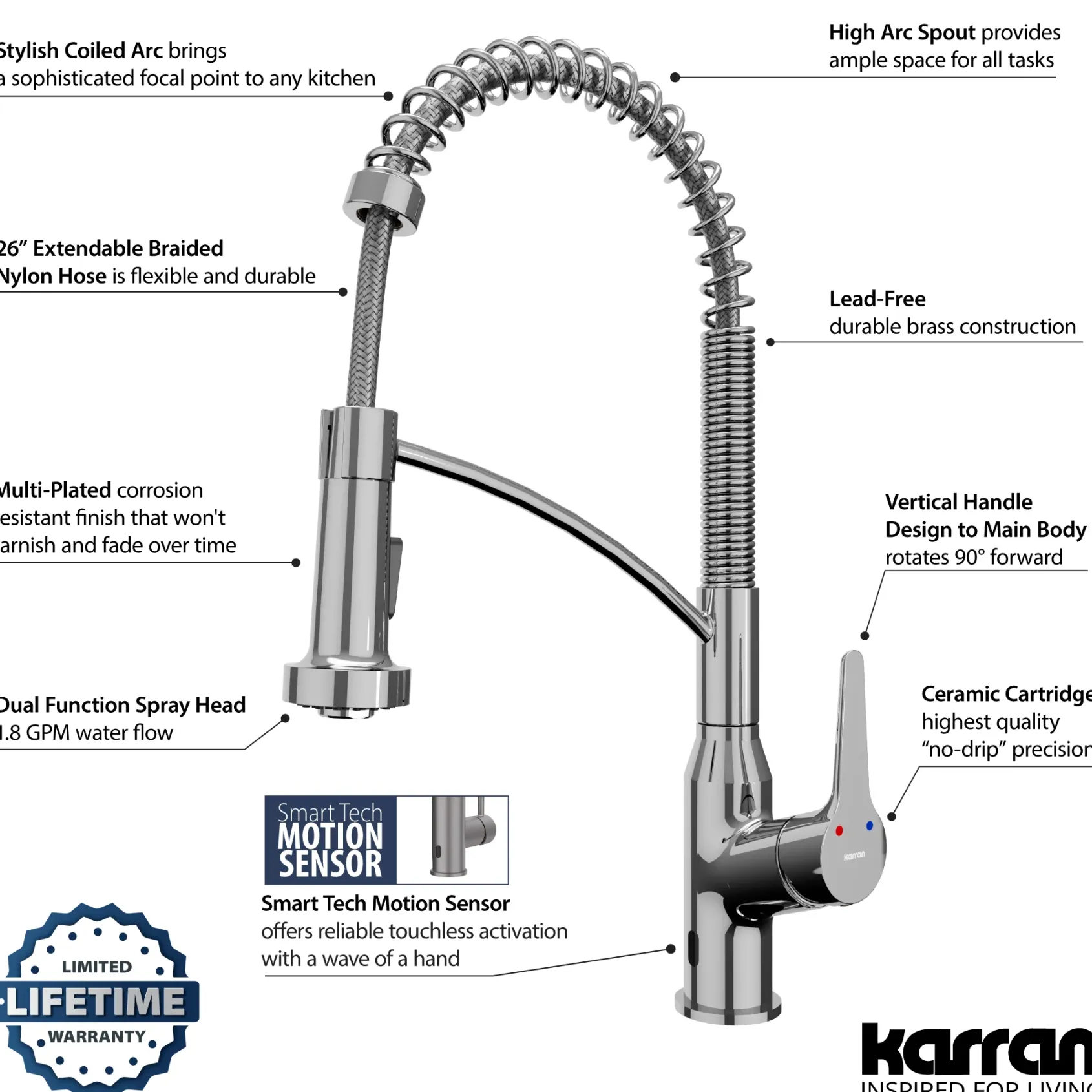 Karran Alston 1.8 GPM Single Lever Handle Lead-free Brass ADA Touchless Kitchen Faucet, Pull-Down, Chrome, KKF215C