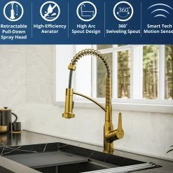 Karran Alston 1.8 GPM Single Lever Handle Lead-free Brass ADA Touchless Kitchen Faucet, Pull-Down, Gold, KKF215G
