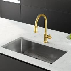 Karran Auburn 1.8 GPM Single Lever Handle Lead-free Brass ADA Kitchen Faucet, Pull-Down Kitchen, Brushed Gold, KKF310BG