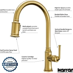 Karran Auburn 1.8 GPM Single Lever Handle Lead-free Brass ADA Kitchen Faucet, Pull-Down Kitchen, Brushed Gold, KKF310BG