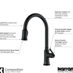 Karran Auburn 1.8 GPM Single Lever Handle Lead-free Brass ADA Kitchen Faucet, Pull-Down Kitchen, Matte Black, KKF310MB