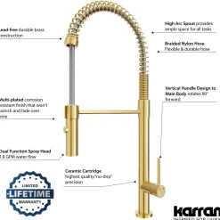 Karran Bluffton 1.8 GPM Single Lever Handle Lead-free Brass ADA Kitchen Faucet, Pull-Down Kitchen, Brushed Gold, KKF220BG