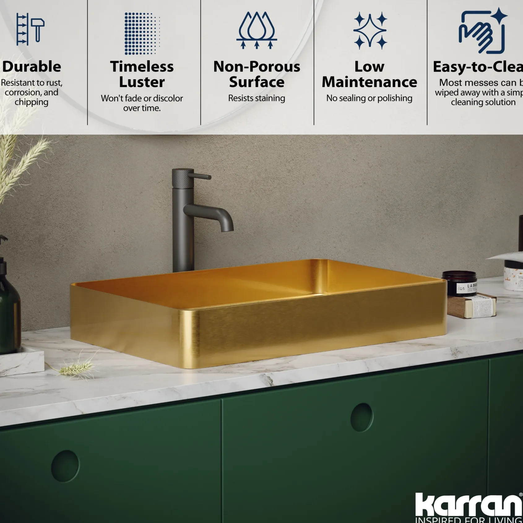 Karran Cinox 15.75" x 23.625" Rectangular Vessel Stainless Steel Bathroom Sink, Gold, 16 Gauge, CCV600G