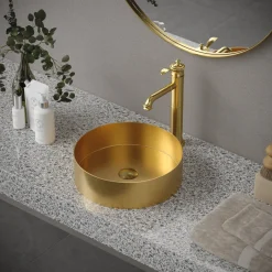 Karran Cinox 14.25" x 14.25" Round Vessel Stainless Steel Bathroom Sink, Gold, 16 Gauge, CCV200G