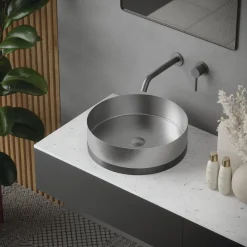 Karran Cinox 15.75" x 15.75" Round Vessel Stainless Steel Bathroom Sink, Stainless Steel and Gunmetal Grey, 16 Gauge, CCV300SS