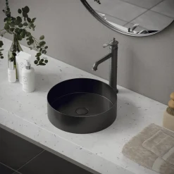 Karran Cinox 14.25" x 14.25" Round Vessel Stainless Steel Bathroom Sink, Gunmetal Grey, 16 Gauge, CCV200GG