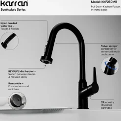 Karran Dockton 1.8 GPM Single Lever Handle Lead-free Brass ADA Kitchen Faucet, Pull-Down Kitchen, Matte Black, KKF250MB