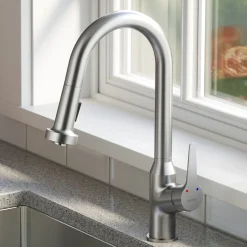 Karran Dockton 1.8 GPM Single Lever Handle Lead-free Brass ADA Kitchen Faucet, Pull-Down Kitchen, Stainless Steel, KKF250SD25SS