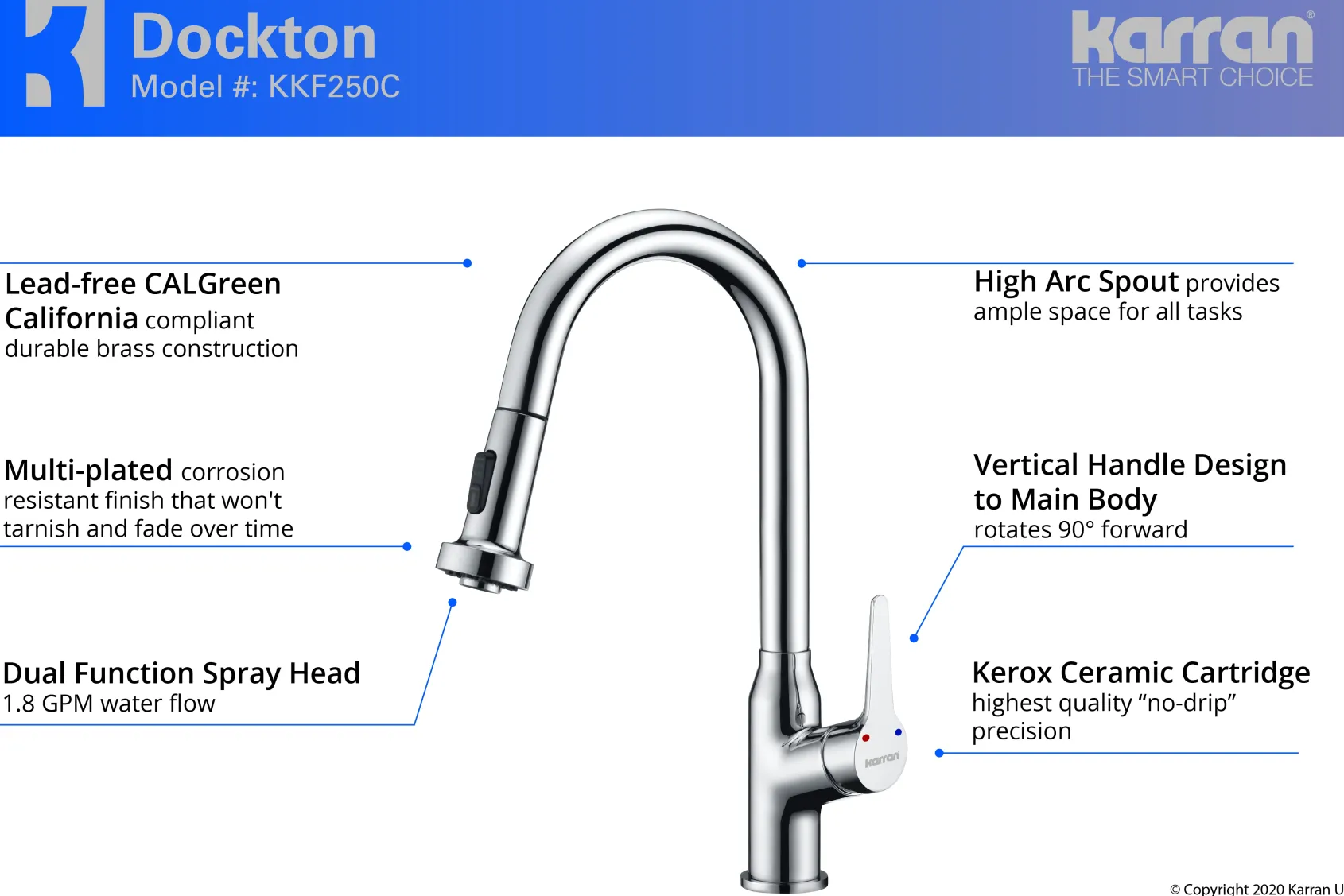 Karran Dockton Single Lever Handle Lead-free Brass ADA Kitchen Faucet, Pull Down, Chrome, KKF250C