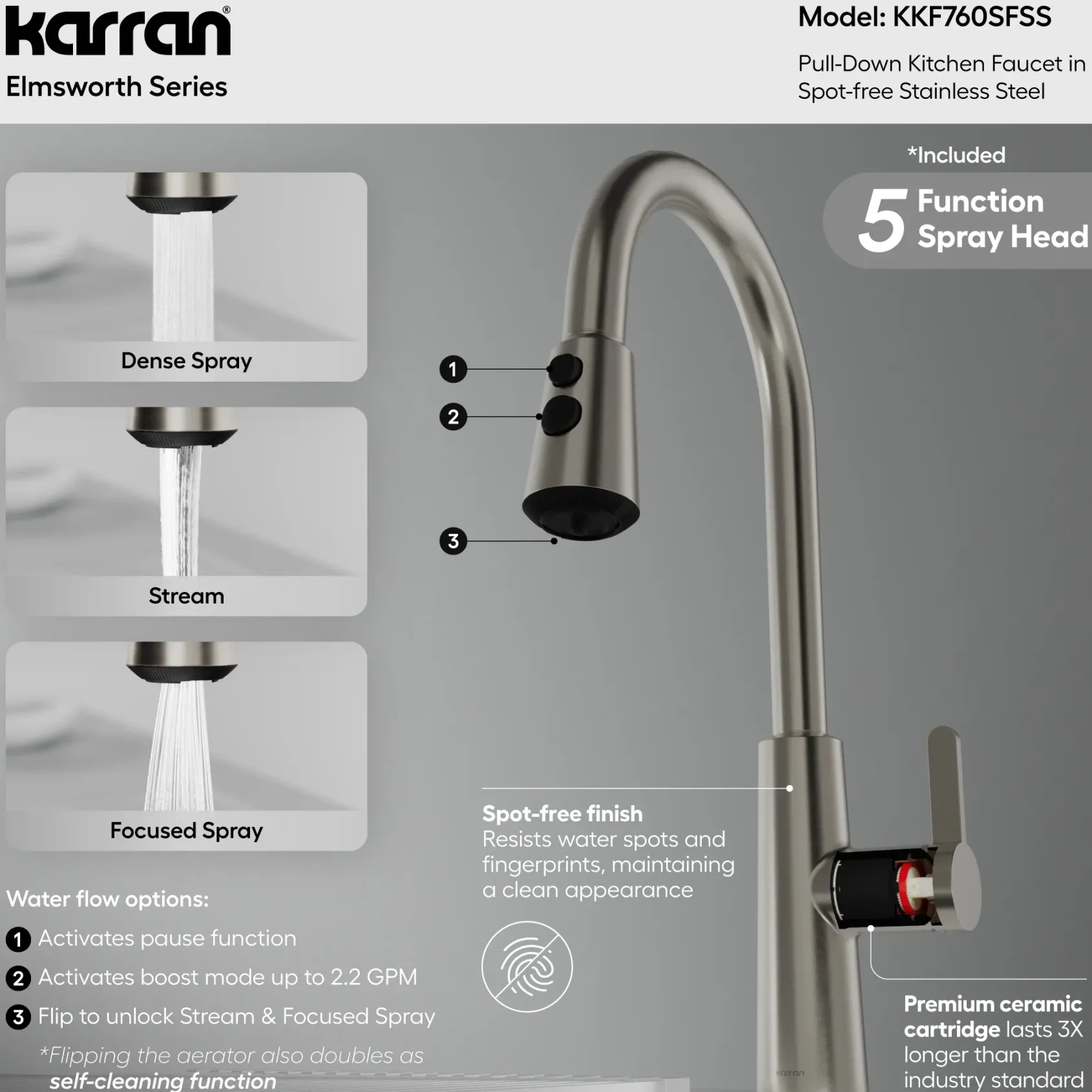 Karran Elmsworth 1.8 GPM Single Lever Lead-free Brass ADA Kitchen Faucet, Pull-Down, Spot Free Stainless Steel, KKF760SFSS