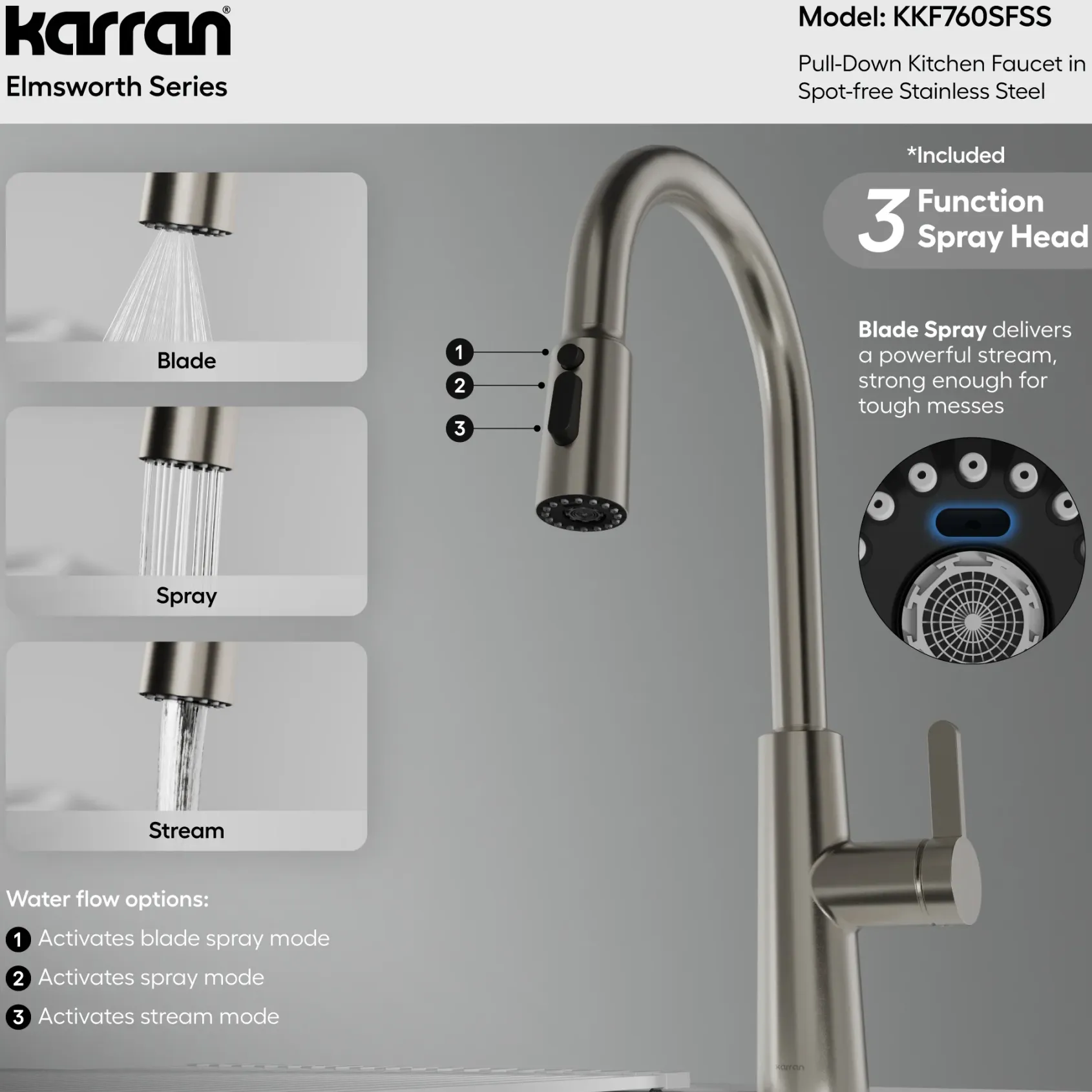 Karran Elmsworth 1.8 GPM Single Lever Lead-free Brass ADA Kitchen Faucet, Pull-Down, Spot Free Stainless Steel, KKF760SFSS