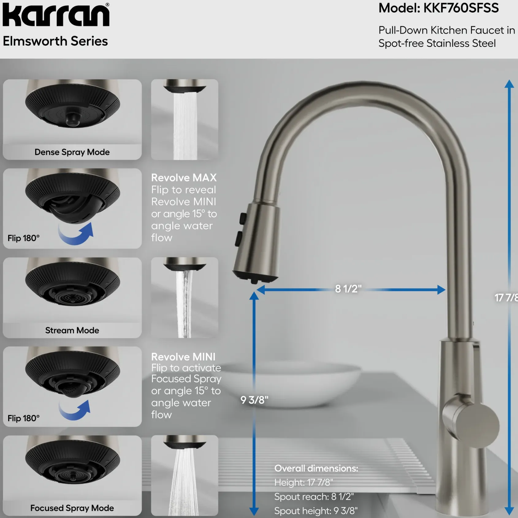 Karran Elmsworth 1.8 GPM Single Lever Lead-free Brass ADA Kitchen Faucet, Pull-Down, Spot Free Stainless Steel, KKF760SFSS
