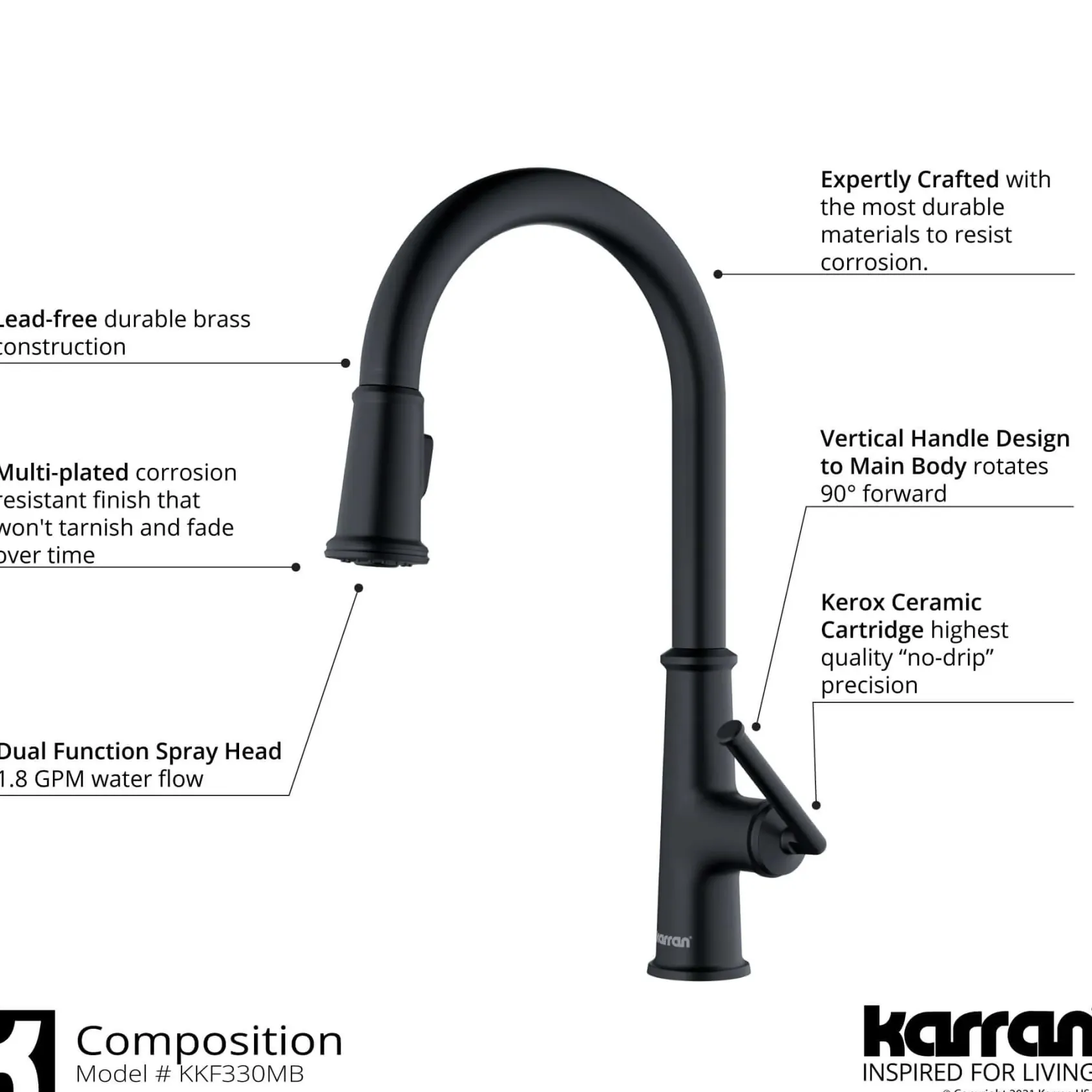 Karran Elwood 1.8 GPM Single Lever Handle Lead-free Brass ADA Kitchen Faucet, Pull-Down Kitchen, Matte Black, KKF330MB