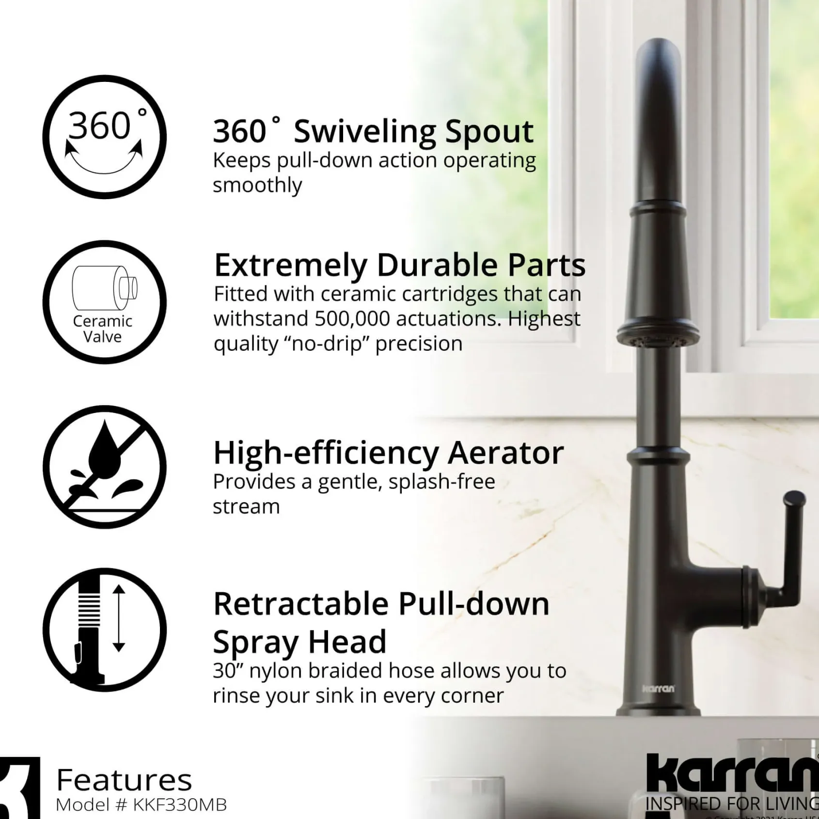 Karran Elwood 1.8 GPM Single Lever Handle Lead-free Brass ADA Kitchen Faucet, Pull-Down Kitchen, Matte Black, KKF330MB