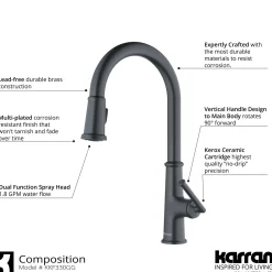 Karran Elwood 1.8 GPM Single Lever Handle Lead-free Brass ADA Kitchen Faucet, Pull-Down Kitchen, Gunmetal Grey, KKF330GG