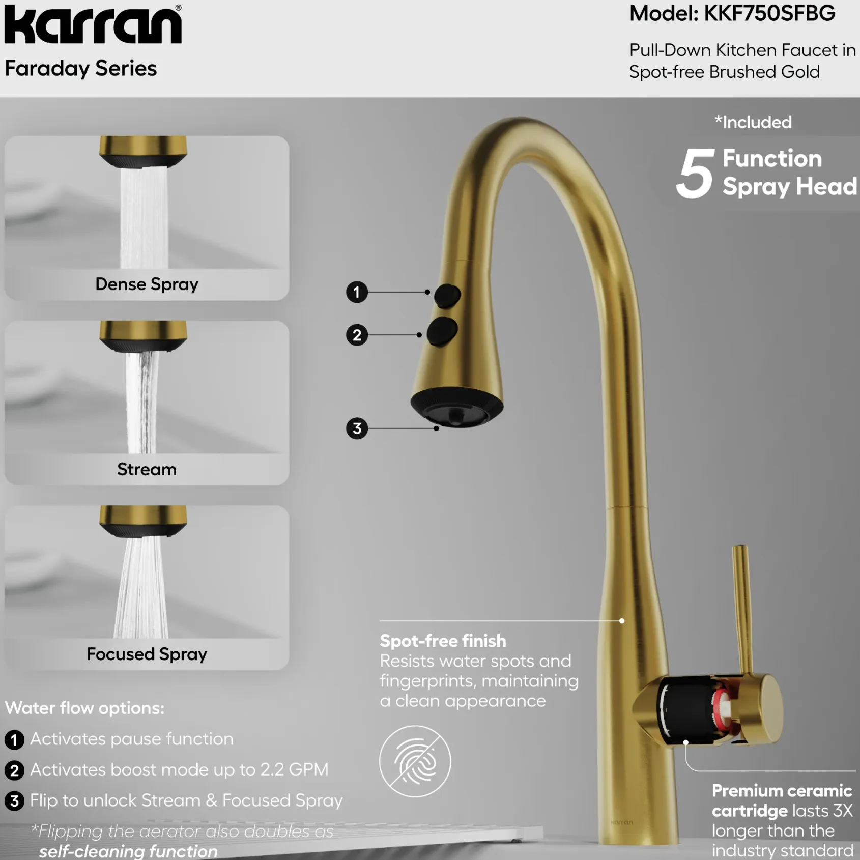 Karran Faraday 1.8 GPM Single Lever Lead-free Brass ADA Kitchen Faucet, Pull-Down, Spot-Free Brushed Gold, KKF750SFBG