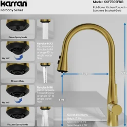 Karran Faraday 1.8 GPM Single Lever Lead-free Brass ADA Kitchen Faucet, Pull-Down, Spot-Free Brushed Gold, KKF750SFBG