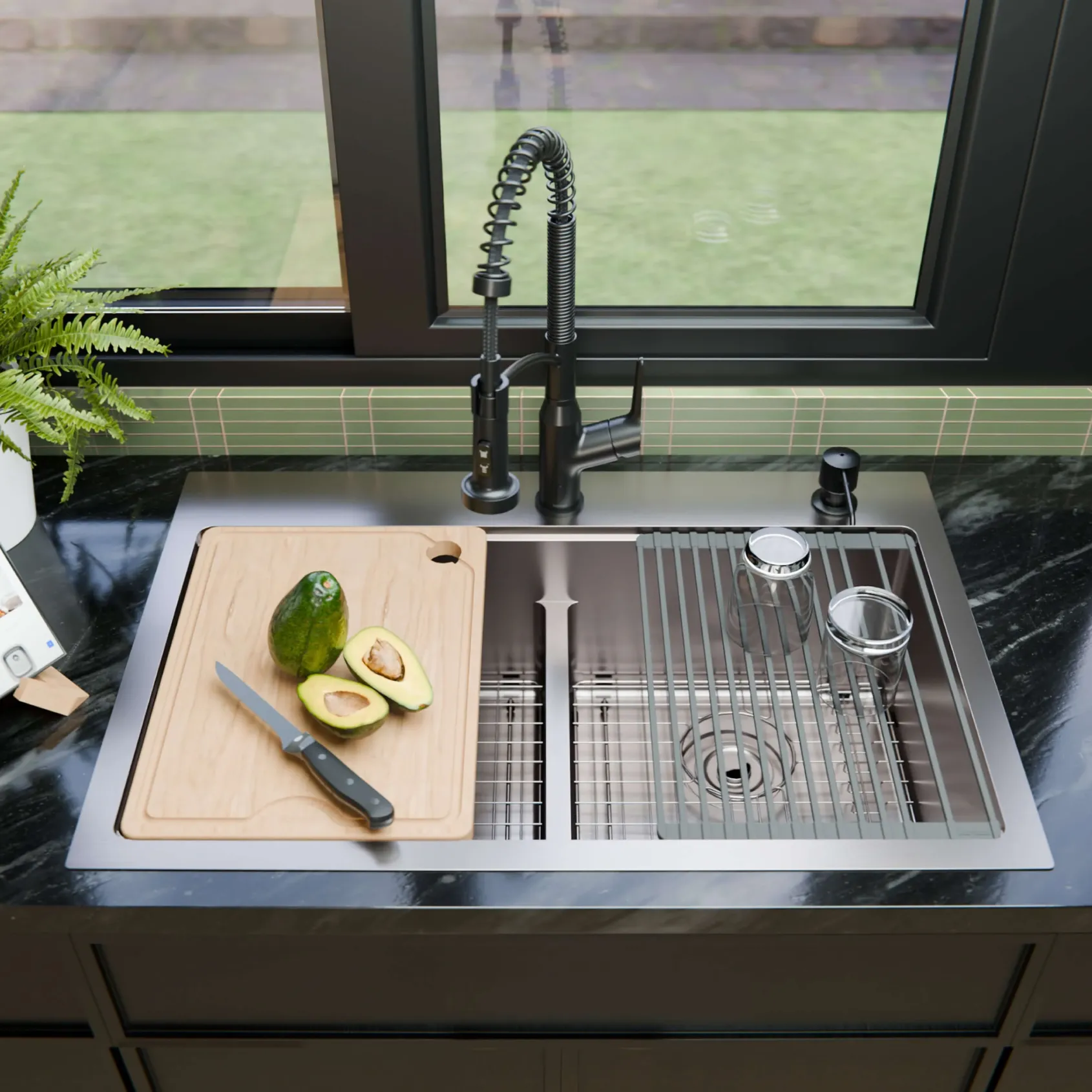 Karran Fusion 33" Drop In/Topmount Stainless Steel Workstation Kitchen Sink with Accessories, 50/50 Double Bowl, 16 Gauge, WSTMDB3323-PK1