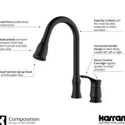 Karran Hillwood 1.8 GPM Single Lever Handle Lead-free Brass ADA Kitchen Faucet, Pull-Down Kitchen, Matte Black, KKF260MB
