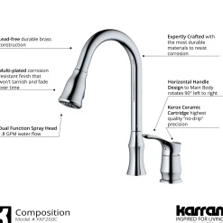 Karran Hillwood 1.8 GPM Single Lever Handle Lead-free Brass ADA Kitchen Faucet, Pull-Down Kitchen, Chrome, KKF260SD25C