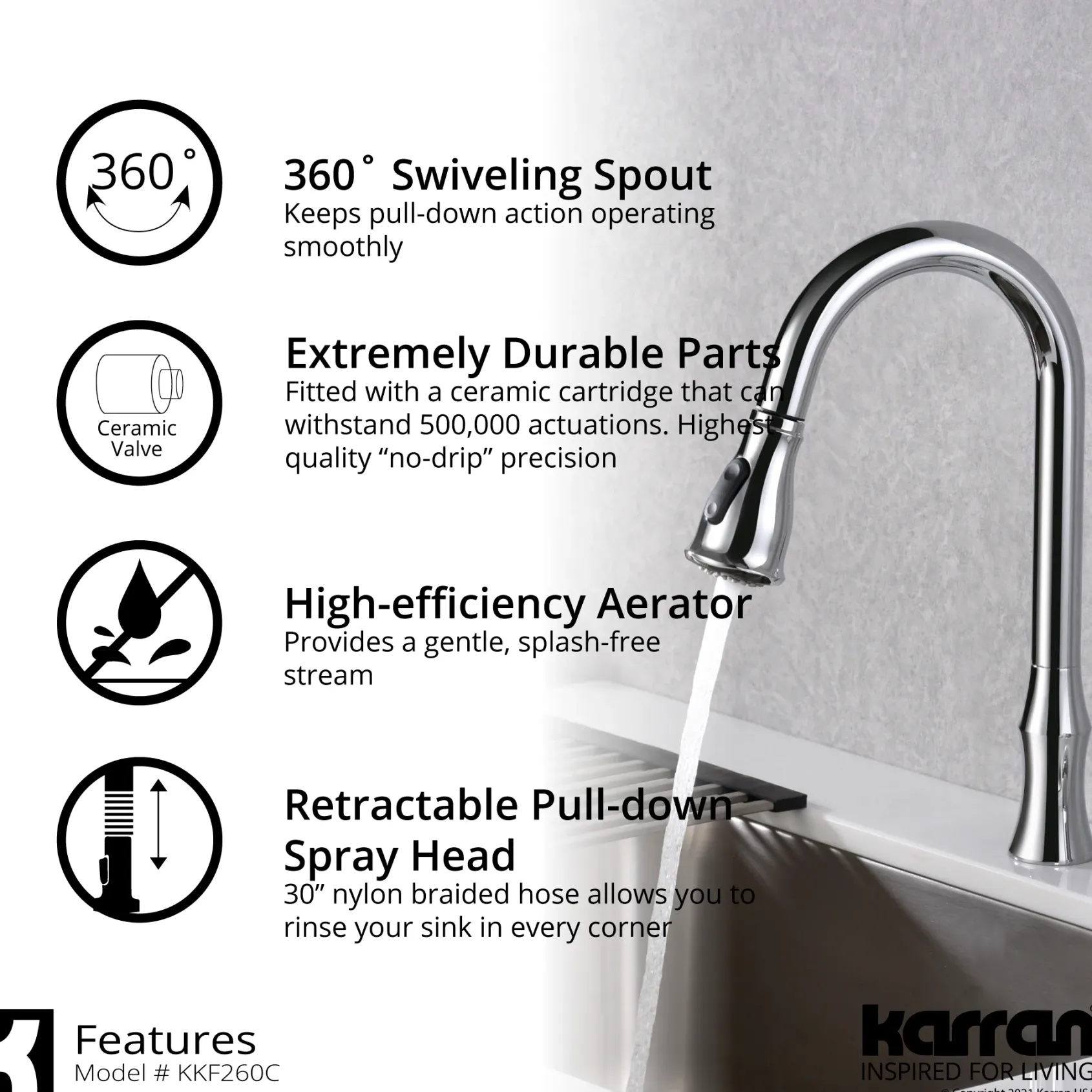 Karran Hillwood 1.8 GPM Single Lever Handle Lead-free Brass ADA Kitchen Faucet, Pull-Down Kitchen, Chrome, KKF260SD25C