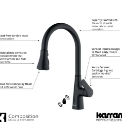 Karran Kadoma 1.8 GPM Single Lever Handle Touchless ADA Kitchen Faucet, Pull-Down Kitchen, Matte Black, KKF340MB