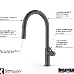 Karran Lagrange 1.8 GPM Single Lever Handle Lead-free Brass ADA Kitchen Faucet, Pull-Down Kitchen, Gunmetal Grey, KKF350GG