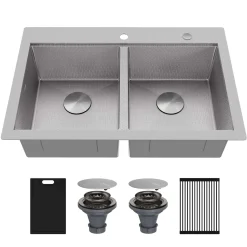 Karran Matrix 33" Drop In/Topmount Stainless Steel Workstation Kitchen Sink with Accessories, 50/50 Double Bowl, 16 Gauge, HST3322DBSS