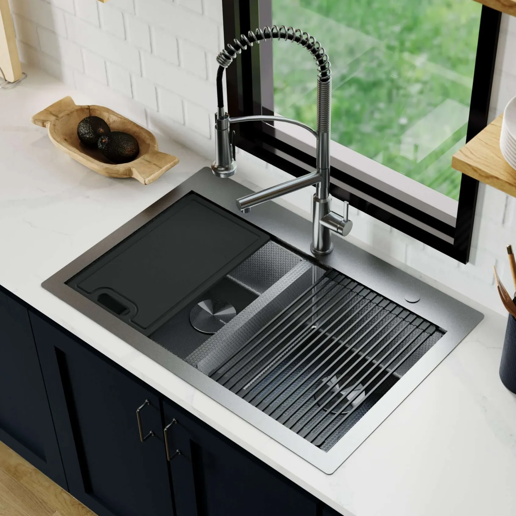 Karran Matrix 33" Drop In/Topmount Stainless Steel Workstation Kitchen Sink with Accessories, 50/50 Double Bowl, Gunmetal Grey, 16 Gauge, HST3322DBGG