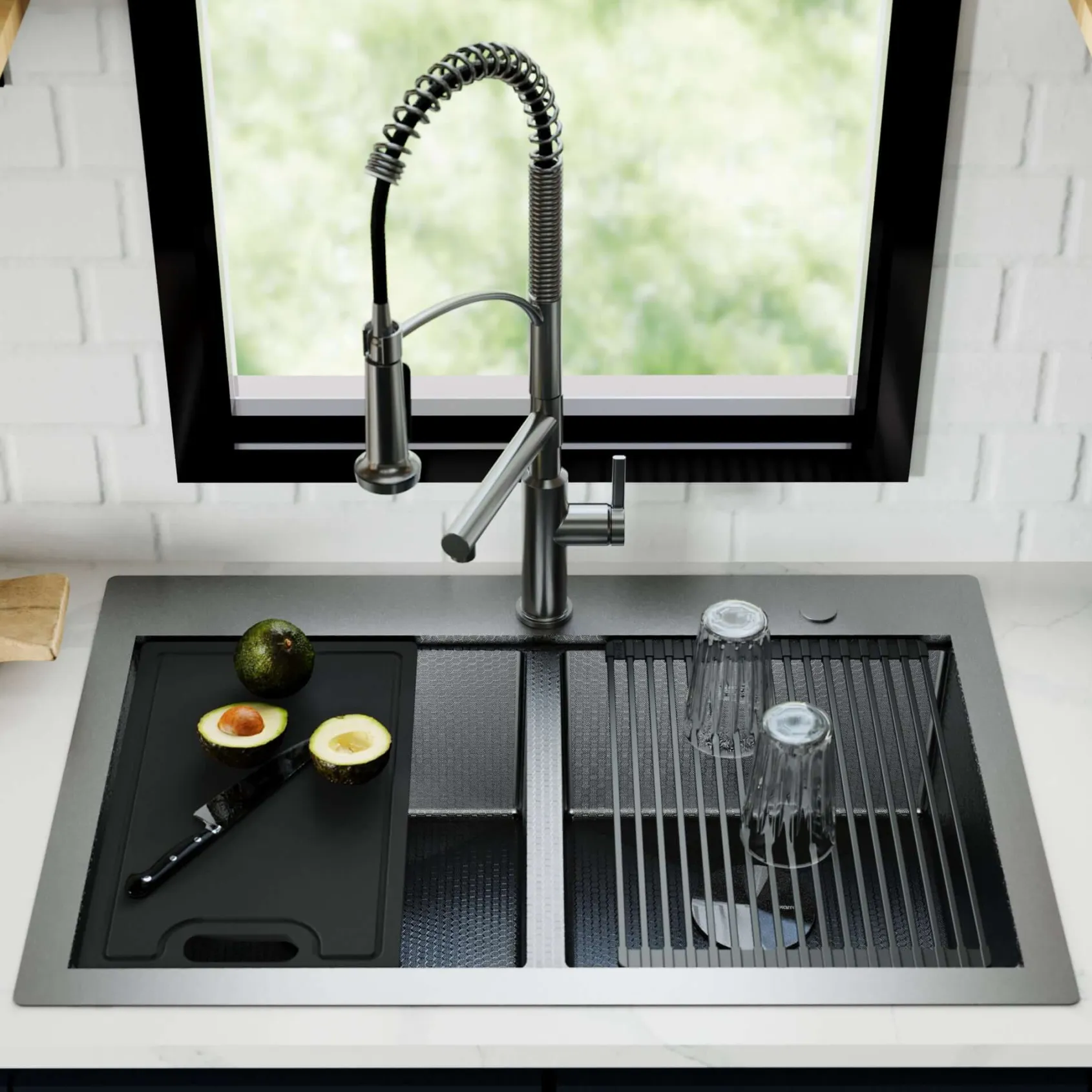 Karran Matrix 33" Drop In/Topmount Stainless Steel Workstation Kitchen Sink with Accessories, 50/50 Double Bowl, Gunmetal Grey, 16 Gauge, HST3322DBGG