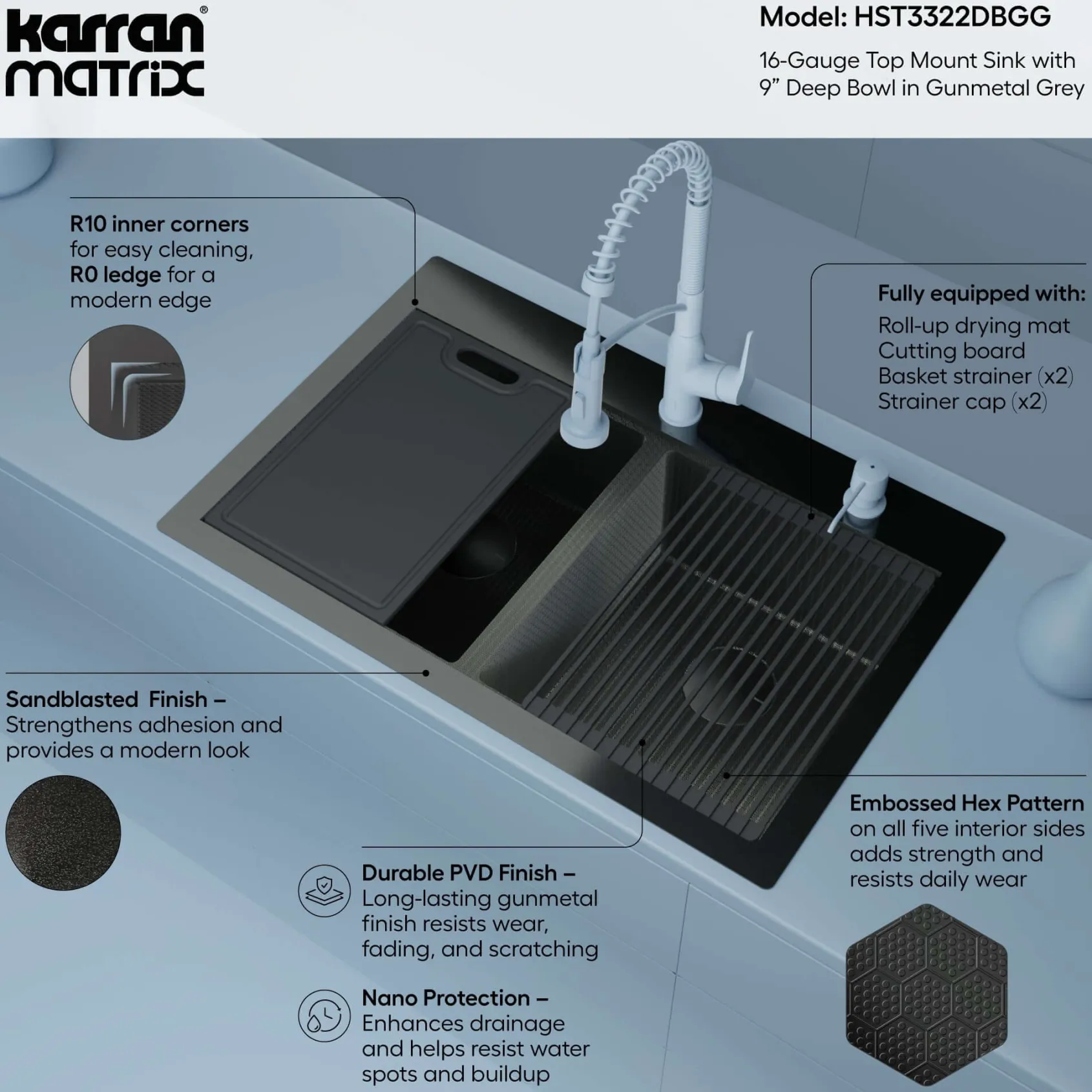 Karran Matrix 33" Drop In/Topmount Stainless Steel Workstation Kitchen Sink with Accessories, 50/50 Double Bowl, Gunmetal Grey, 16 Gauge, HST3322DBGG