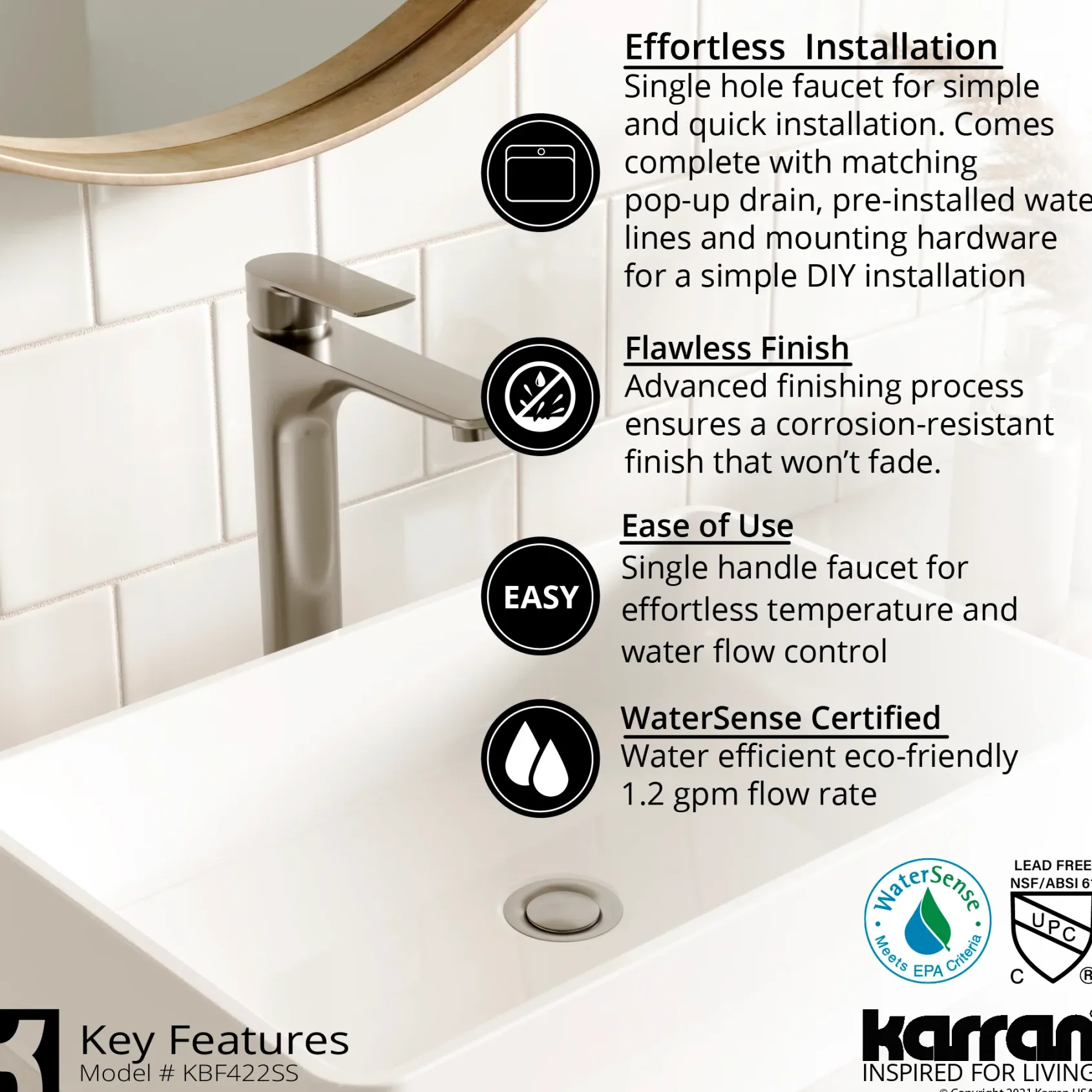 Karran Quattro 18" x 14.5" Rectangular Vessel Acrylic Solid Surface ADA Bathroom Sink with Stainless Steel Faucet and Accessories, White, QM172WH422SS