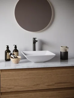 Karran Quattro 16" x 16" Square Vessel Acrylic Solid Surface ADA Bathroom Sink with Matte Black Faucet and Accessories, White, QM178WH422MB