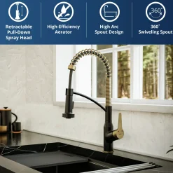 Karran Scottsdale 1.8 GPM Single Lever Handle Lead-free Brass ADA Kitchen Faucet, Pull-Down, Matte Black & Brushed Gold, KKF210MBBG