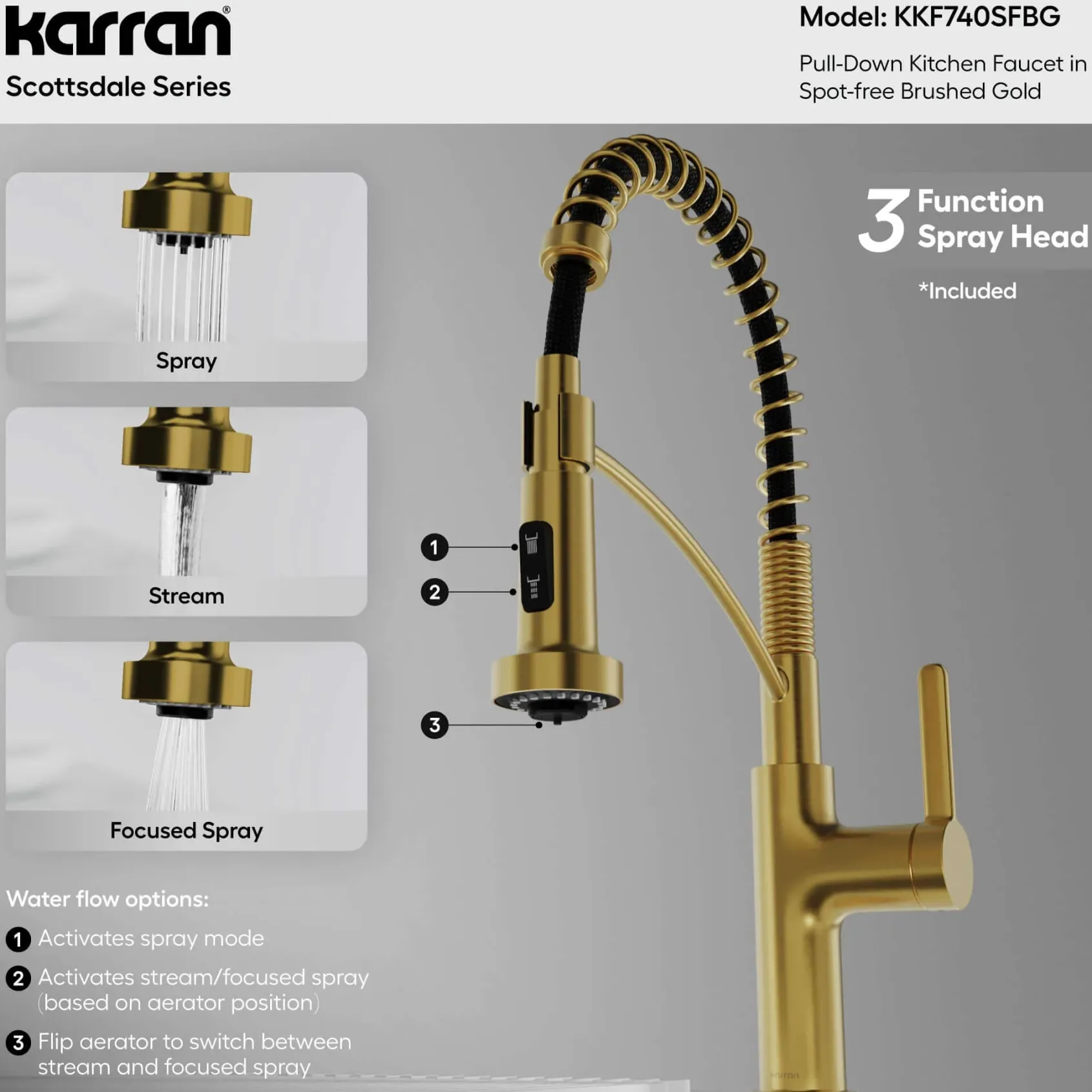 Karran Scottsdale 1.8 GPM Single Lever Lead-free Brass ADA Kitchen Faucet, Pull-Down, Spot-Free Brushed Gold, KKF740SFBG