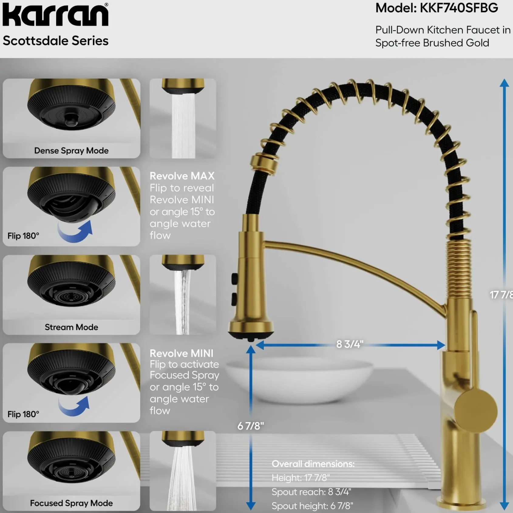 Karran Scottsdale 1.8 GPM Single Lever Lead-free Brass ADA Kitchen Faucet, Pull-Down, Spot-Free Brushed Gold, KKF740SFBG
