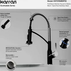 Karran Scottsdale 1.8 GPM Single Lever Handle Lead-free Brass ADA Kitchen Faucet, Pull-Down, Matte Black & Spot-Free Stainless Steel, KKF210MBSFSS